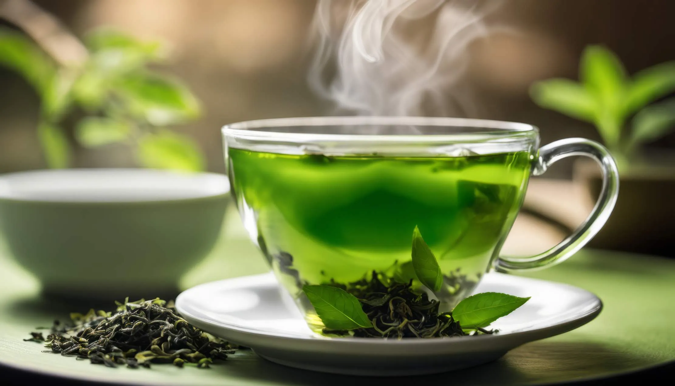 A clear cup of brewed green tea with floating leaves — the fresh, vegetal classic of East Asian tea culture