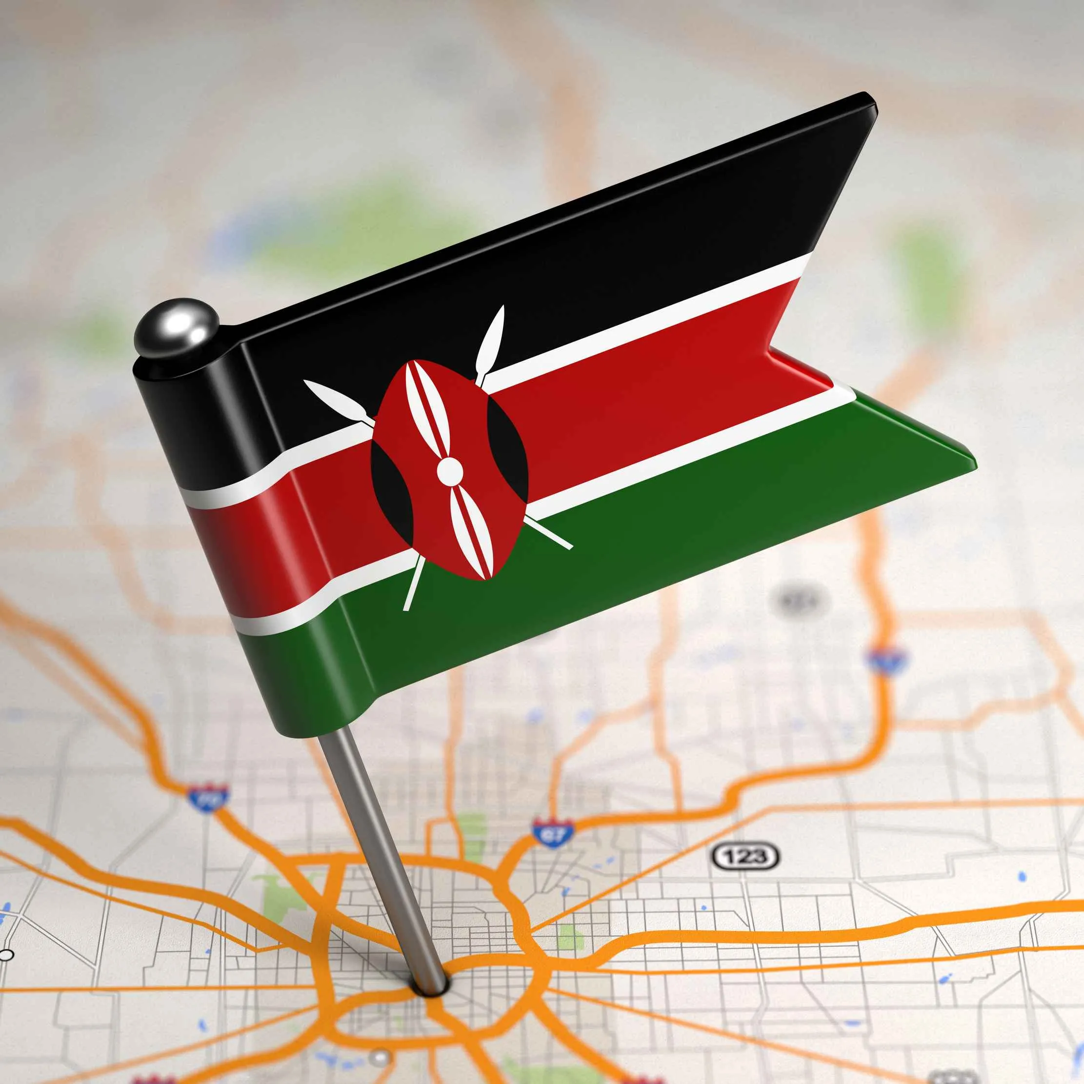 Map of Kenya coloured with the national flag