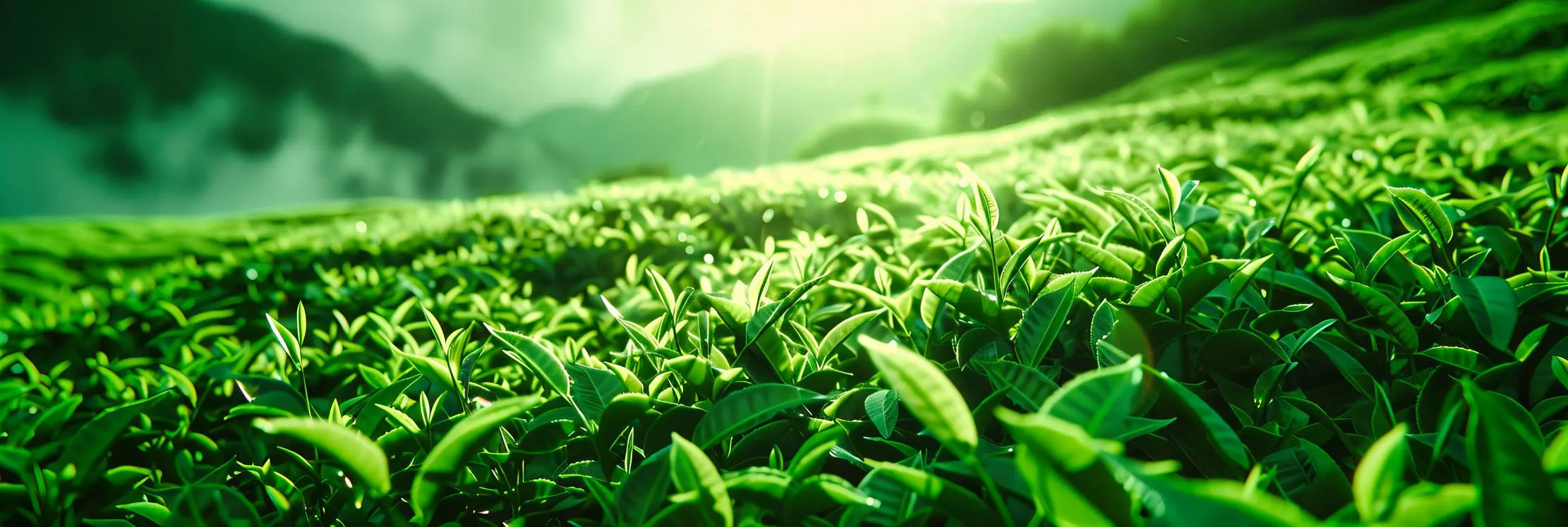A lush green tea plantation in morning light — the source of the antioxidant catechins that make green tea one of the world's healthiest drinks
