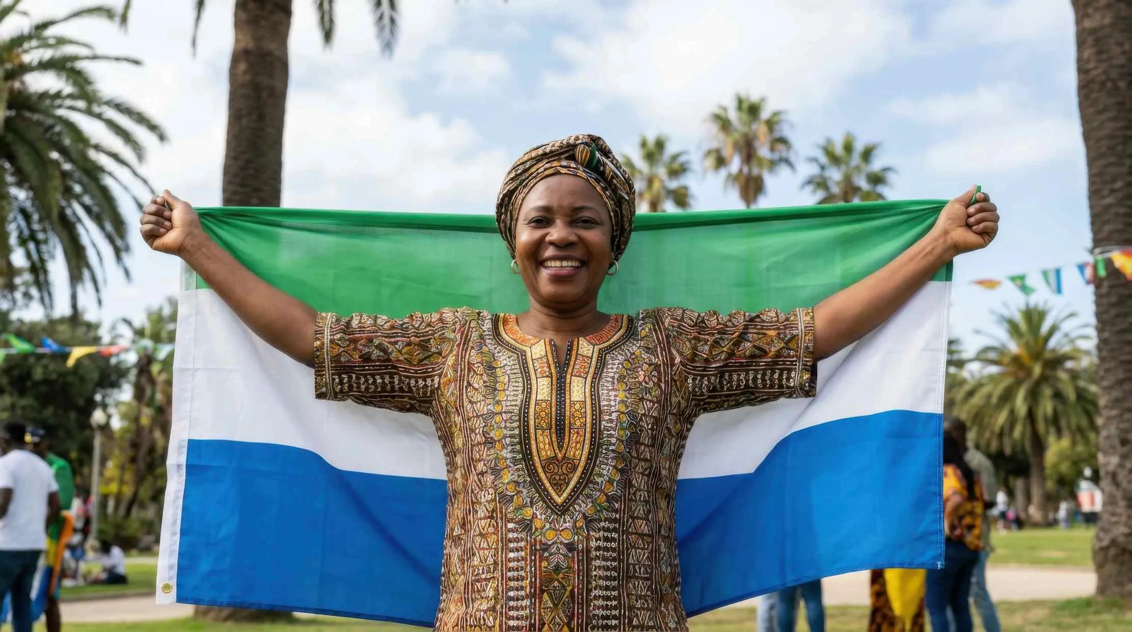 Person holding the national flag of Sierra Leone outdoors